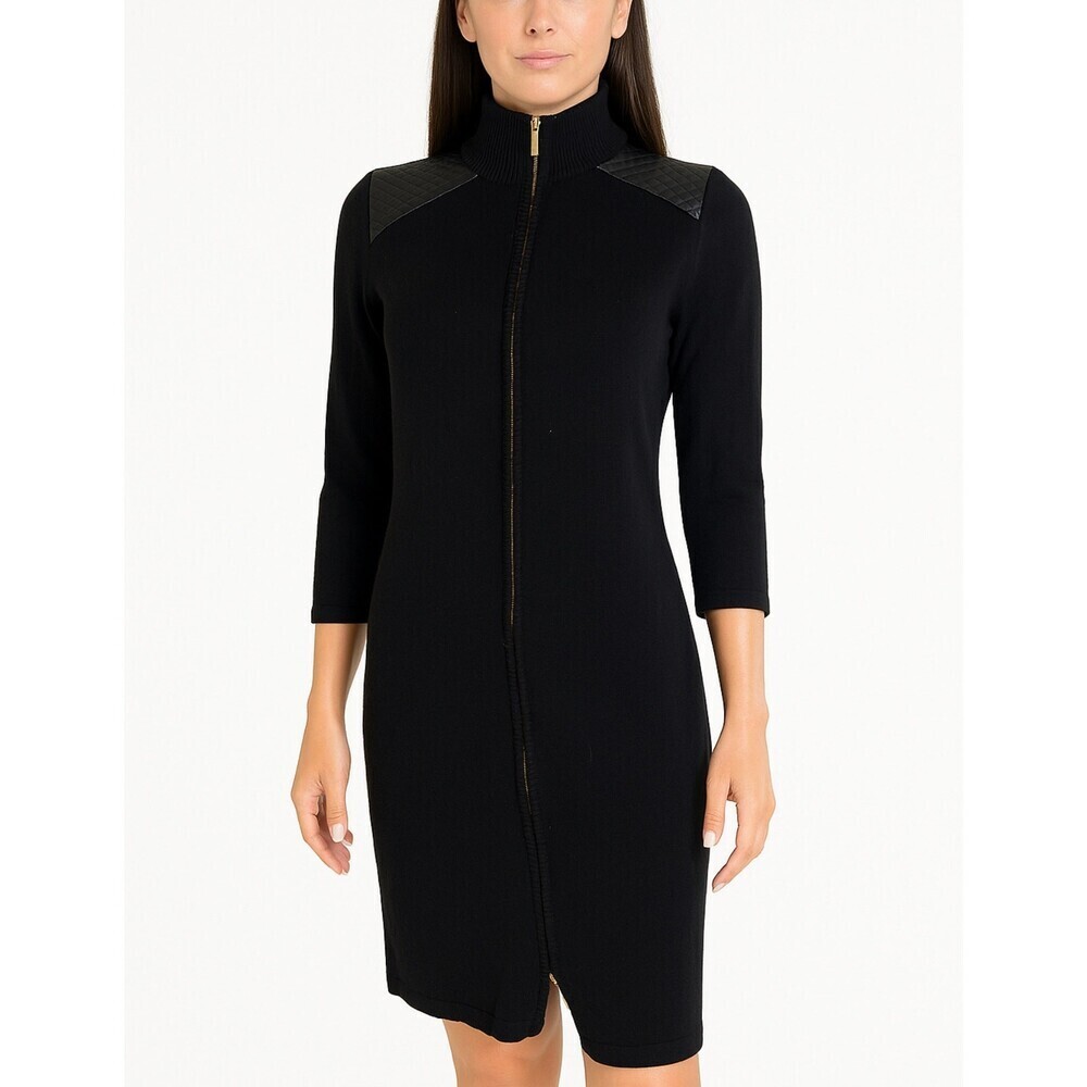 Calvin Klein Black Full Zip Sweater Dress Leather quilted Shoulders gold SZ SM